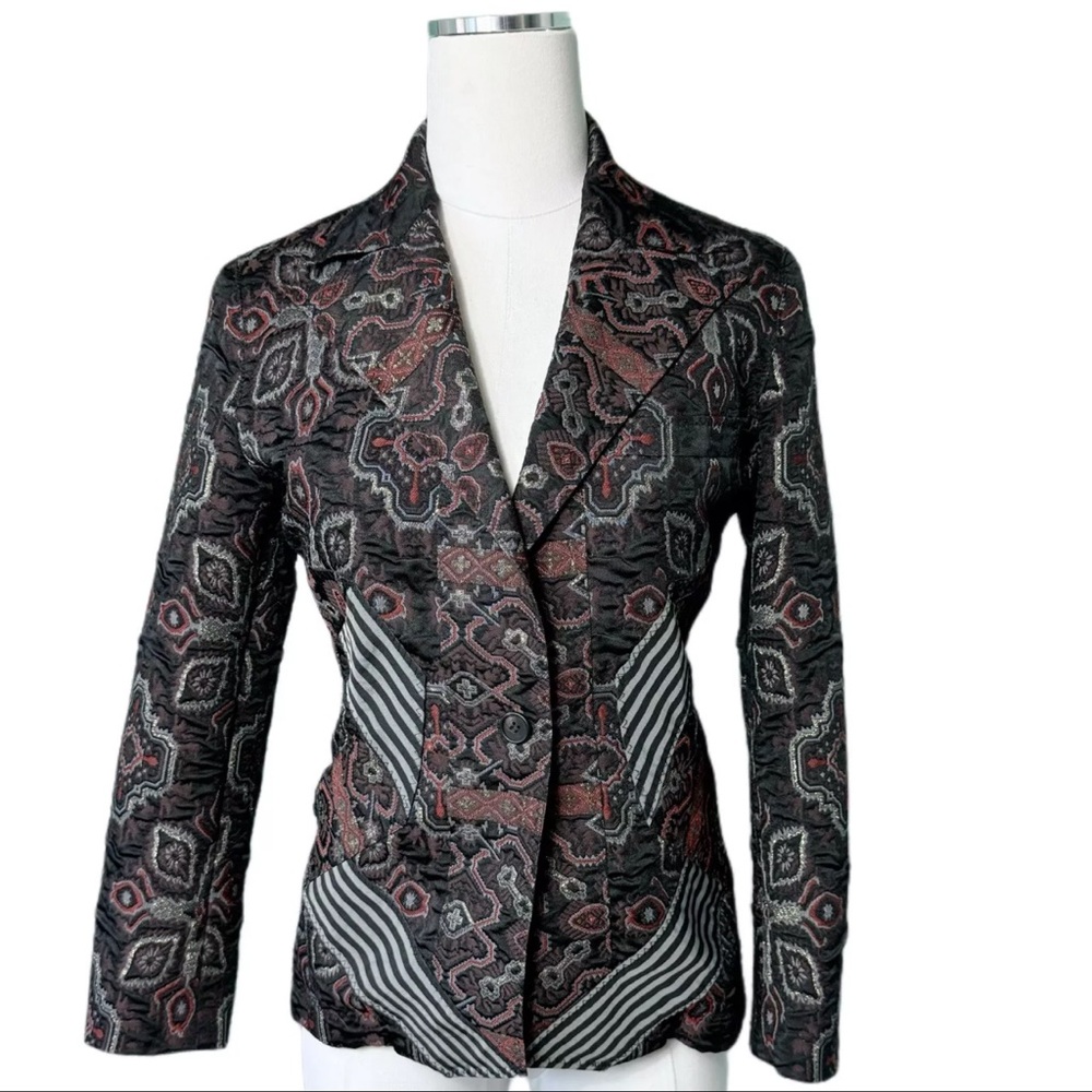 Issey Miyake Black & Multi Geometric Patchwork Jacquard Blazer Jacket  2 S